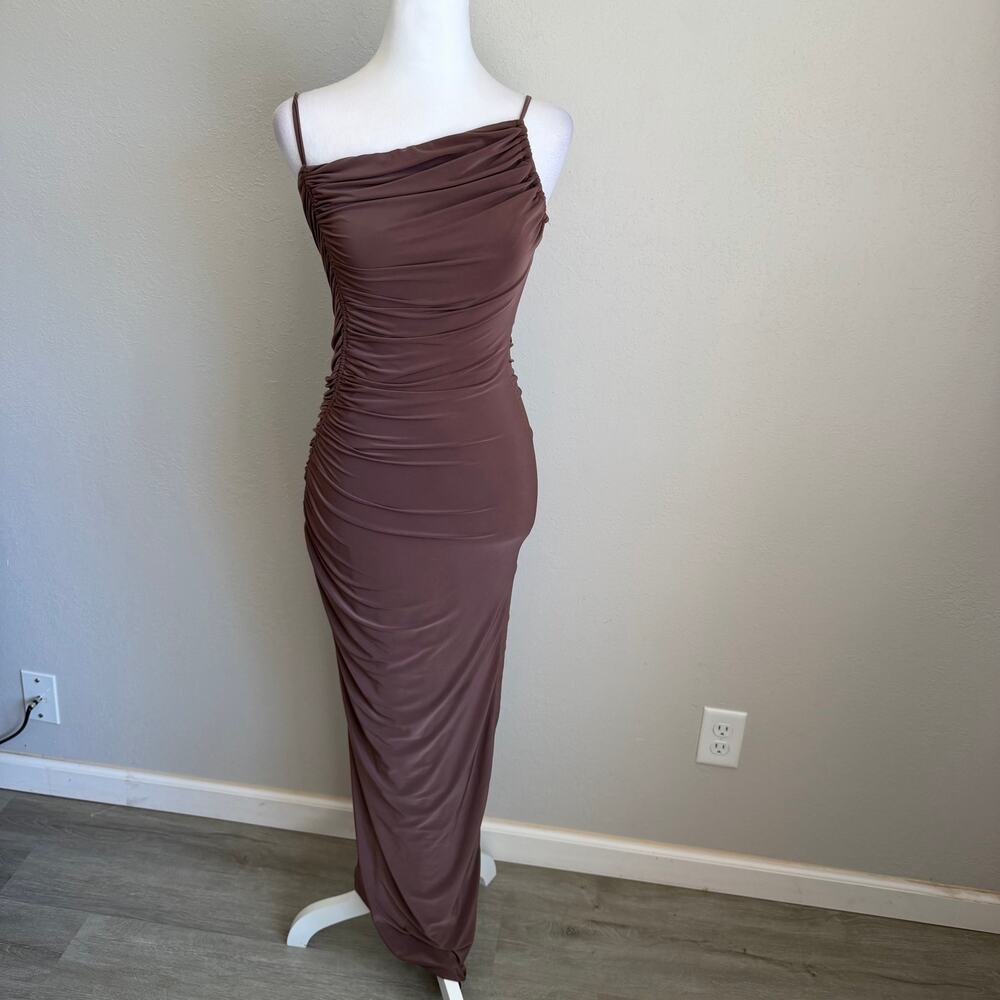 Naked Wardrobe Brown Ruched Maxi Asymmetric BodyCon Dress Womens S